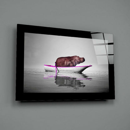 Hippo in Pink Trimmed Boat on Gray Glass Wall Art