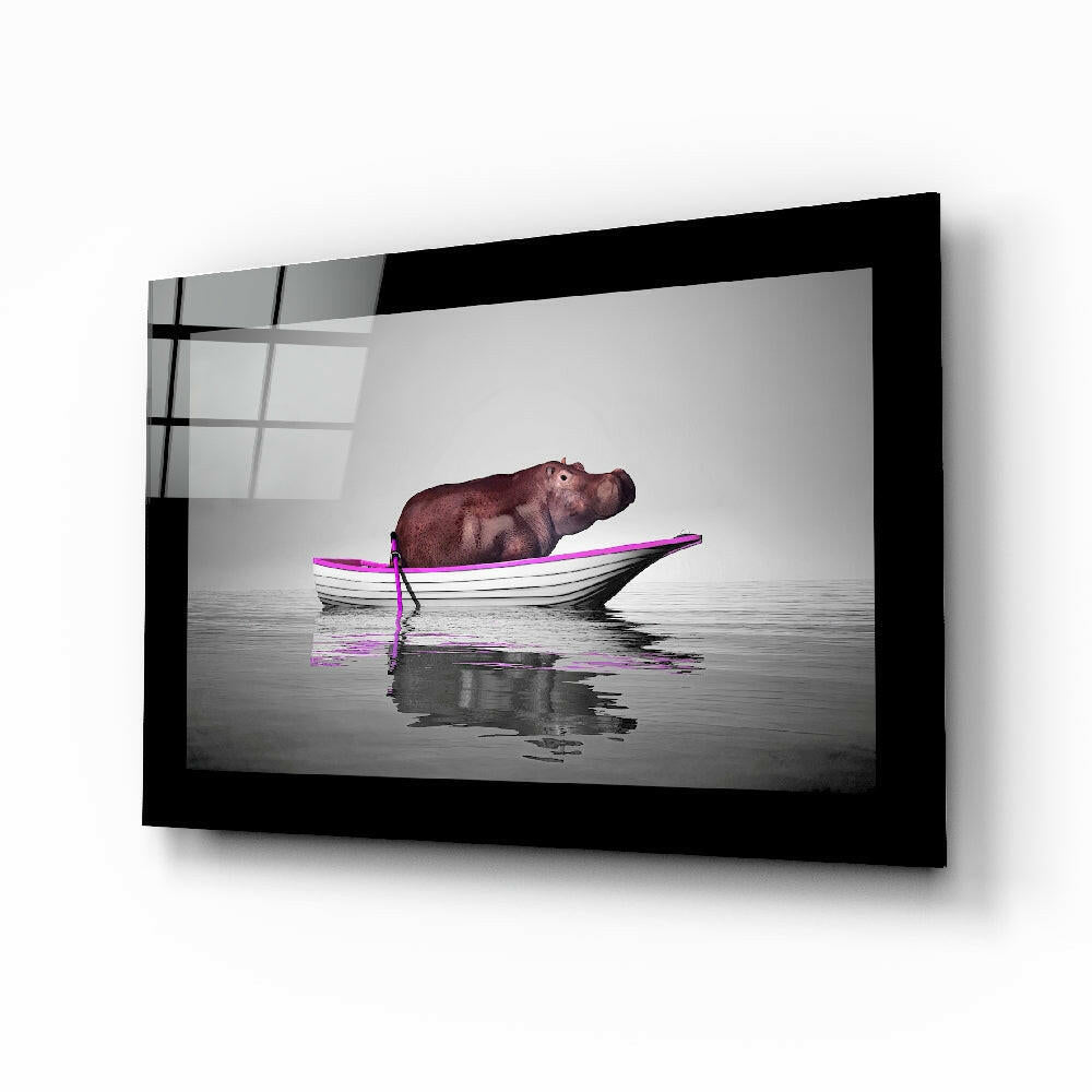 Hippo in Pink Trimmed Boat on Gray Glass Wall Art