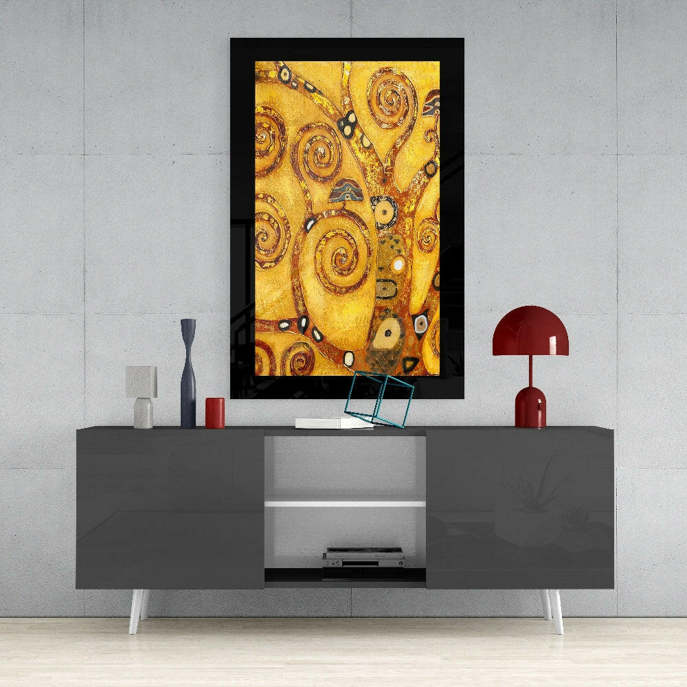 Golden Spiral Branches Tree of Life Glass Wall Art