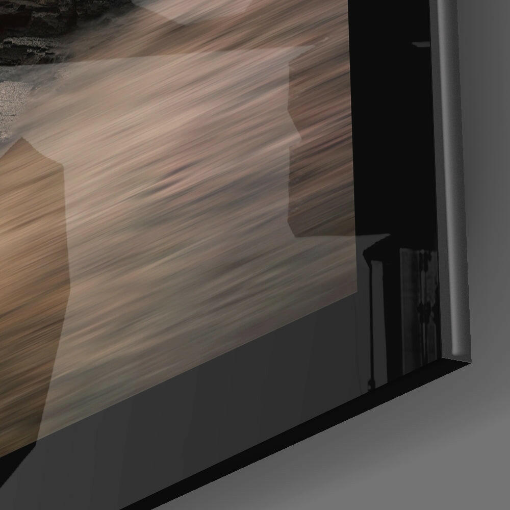 Close-up angled view of frosted glass wall art panel with warm wood grain pattern visible through translucent surface.