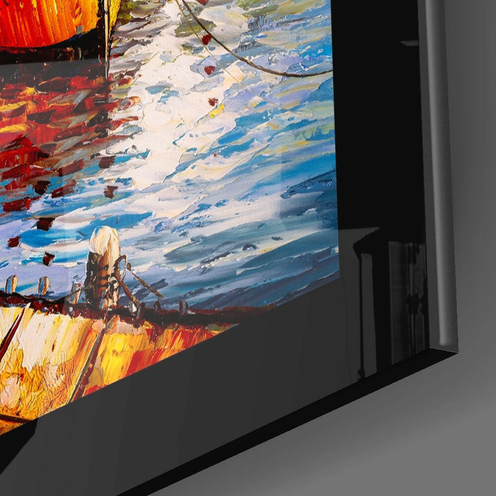 Close-up angled view of glass wall art displaying colorful abstract painting with red, blue, yellow, and white brushstrokes depicting a fishing scene.
