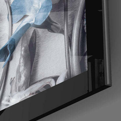 Side angle view of glass wall art displaying close-up photograph of white flowers with blue tones and dark frame edge.