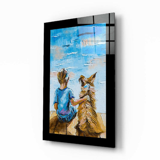 Framed glass wall art showing a child in blue shirt and dog viewing the ocean, painted in impasto style with blue sky and sandy beach.