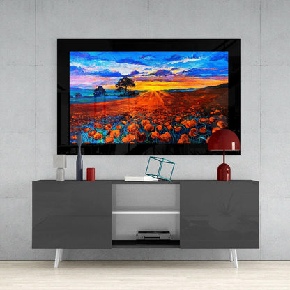 Twilight Poppy Field Lone Tree Glass Wall Art