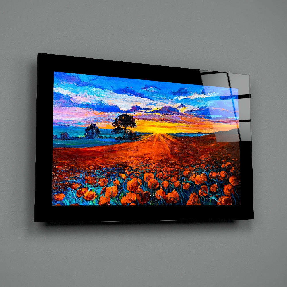 Twilight Poppy Field Lone Tree Glass Wall Art