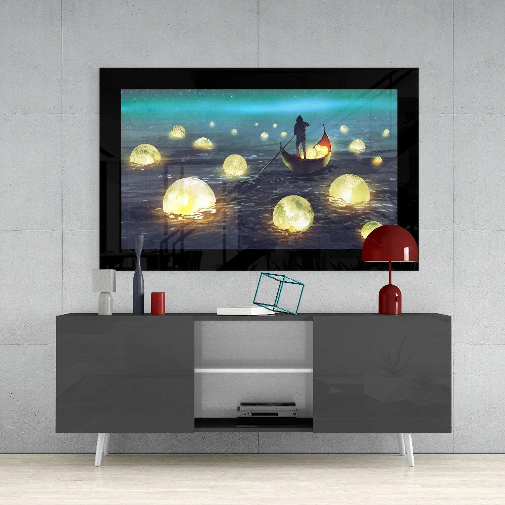 Glowing Moons Boatman Teal Sea Glass Wall Art