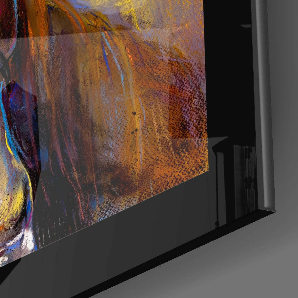 Close-up angled view of farm horses glass wall art showing warm orange and brown tones with blue and yellow accents, mounted in black frame.
