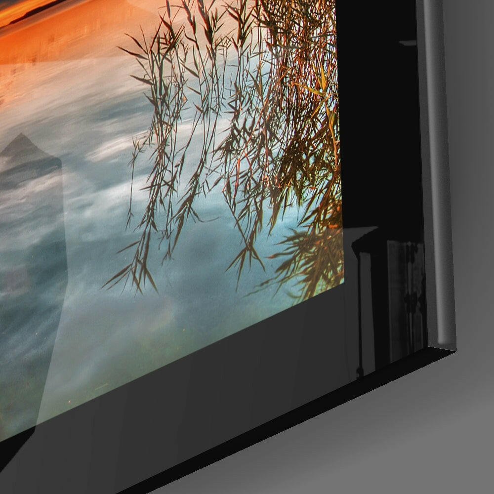 Weathered Dock With Bird Flock at Sunset Glass Wall Art