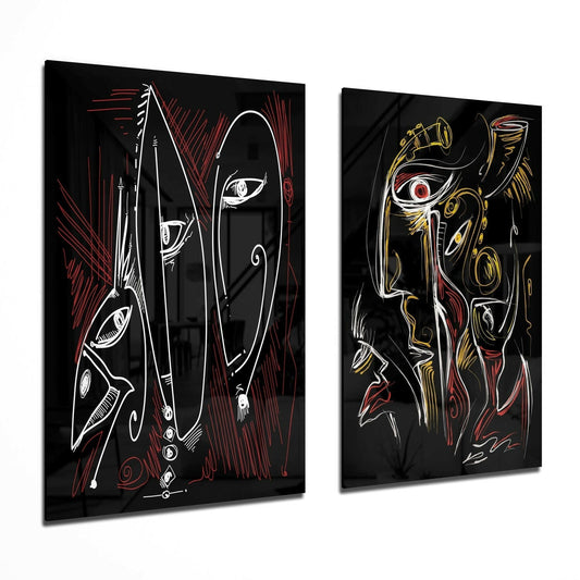 Two angled glass panels displaying cubist artwork with white line drawings, gold and red accents on black backgrounds, shown in a three-dimensional perspective view.