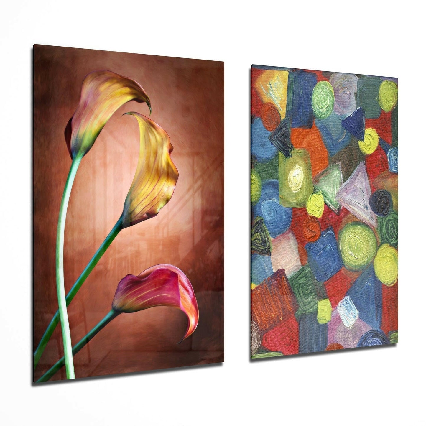 Two glass wall art panels displayed at an angle: left panel features glowing tulips against warm brown background; right panel shows colorful abstract circular and geometric shapes in multi-colors.