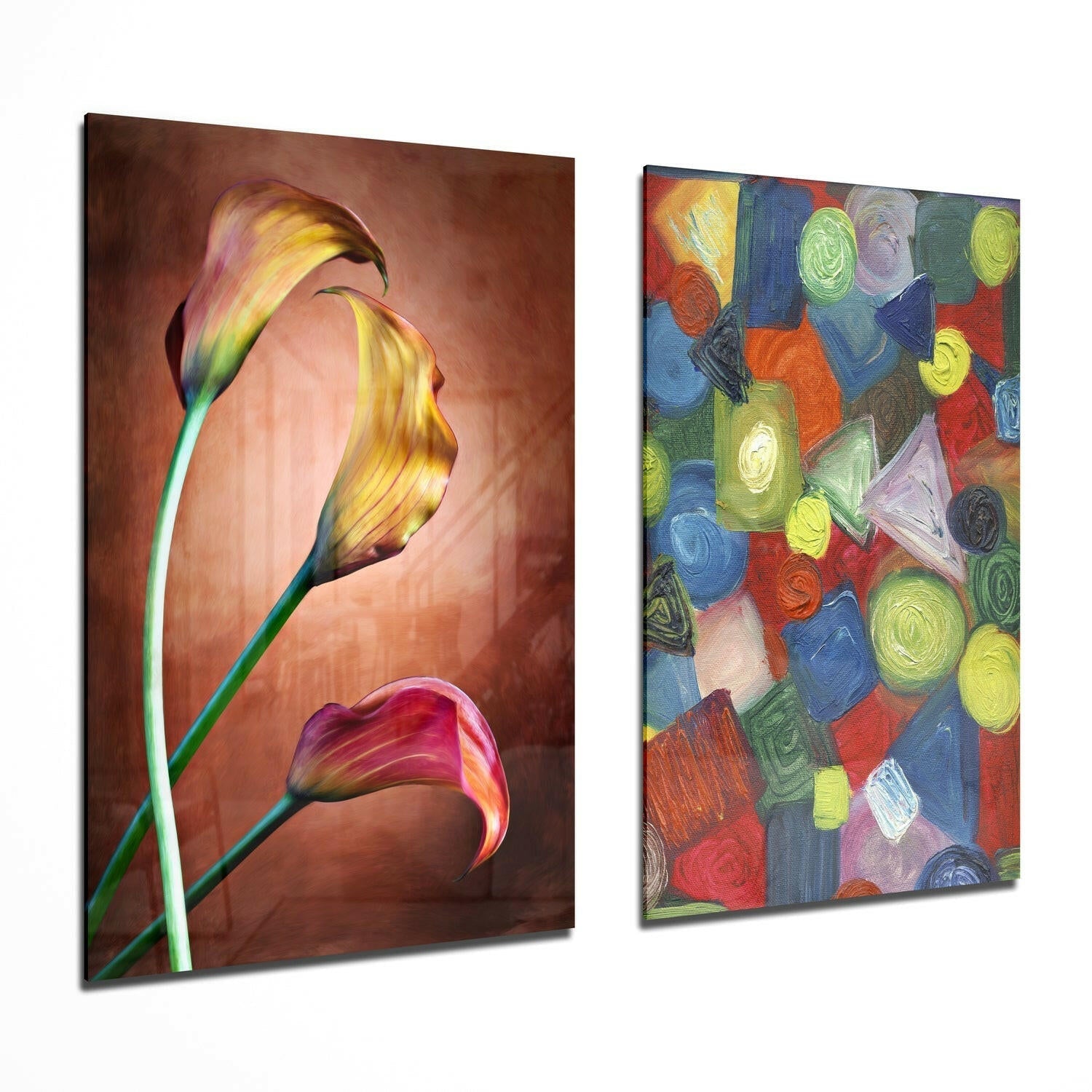 Two glass wall art panels displayed at an angle: left panel features glowing tulips against warm brown background; right panel shows colorful abstract circular and geometric shapes in multi-colors.
