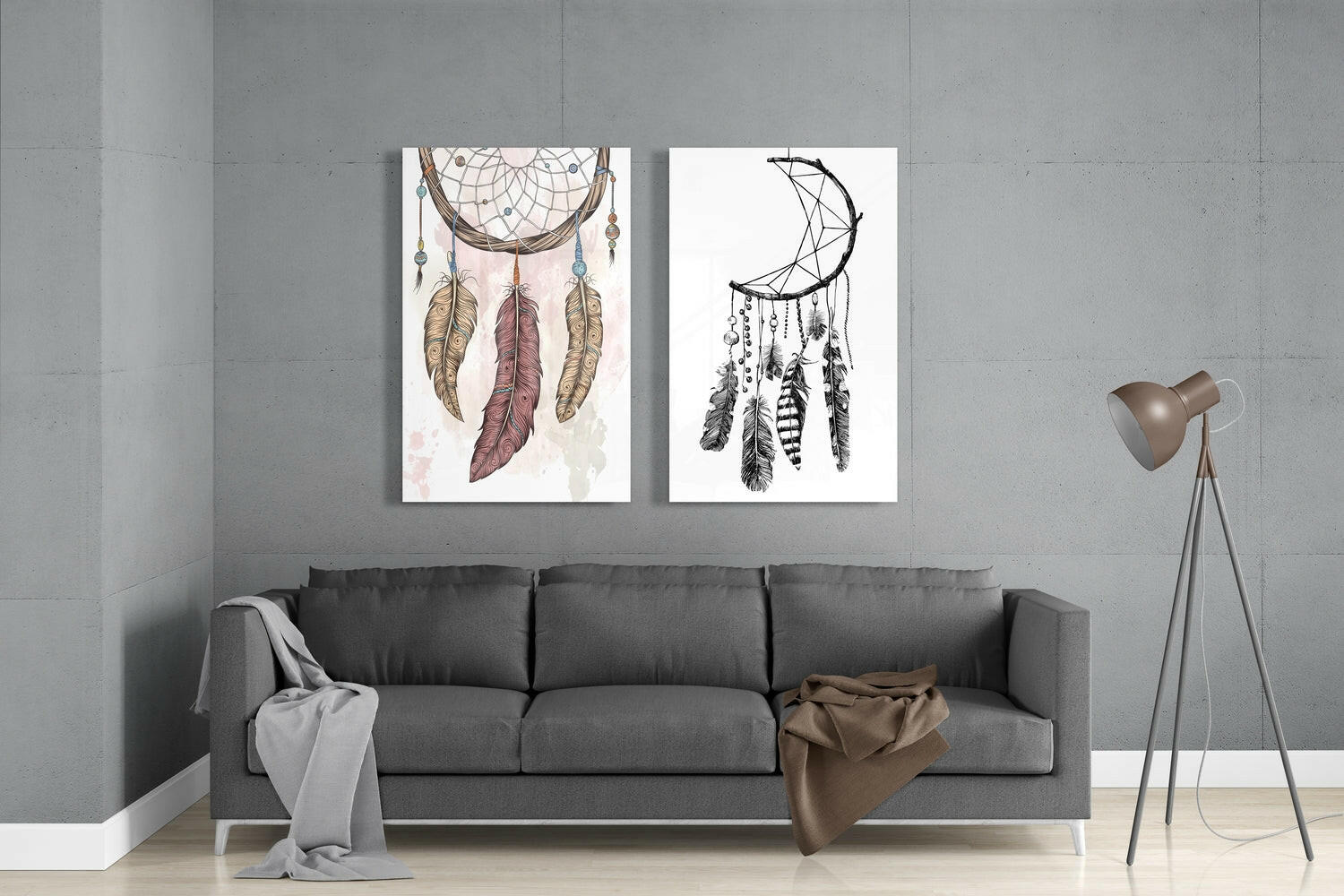 Two framed dreamcatcher glass wall art prints displayed above gray sofa in modern living room setting.