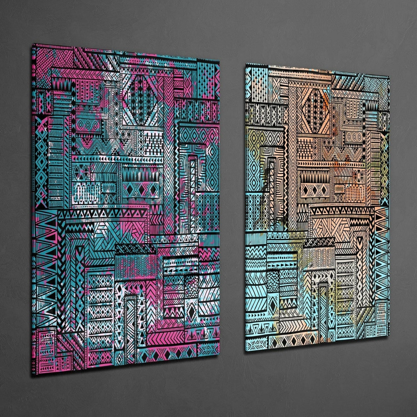 Two glass wall panels displayed at an angle showing intricate geometric tribal patterns in magenta-cyan and neutral earth tones.