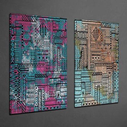 Two glass wall panels displayed at an angle showing intricate geometric tribal patterns in magenta-cyan and neutral earth tones.
