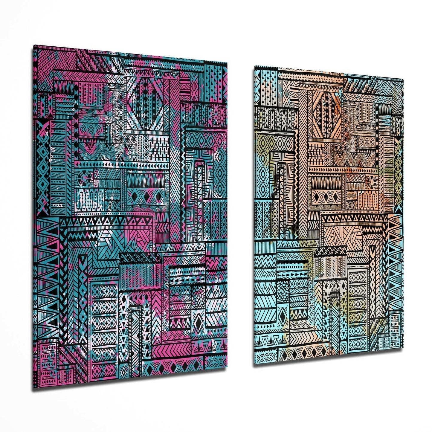 Two glass wall art panels displayed at an angle showing pink-turquoise and brown-cream ethnic geometric patterns with intricate line work.