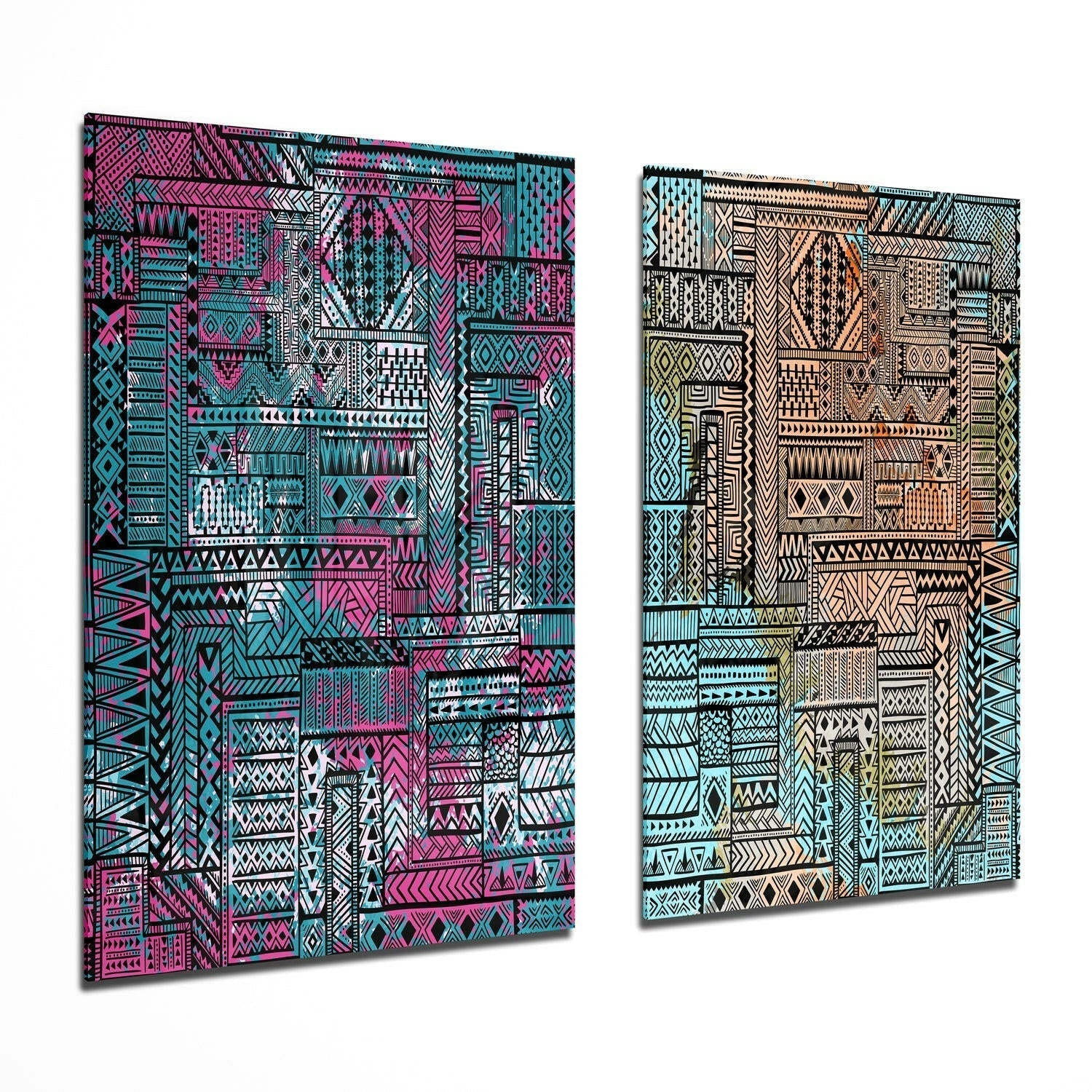 Two glass wall art panels displayed at an angle showing pink-turquoise and brown-cream ethnic geometric patterns with intricate line work.