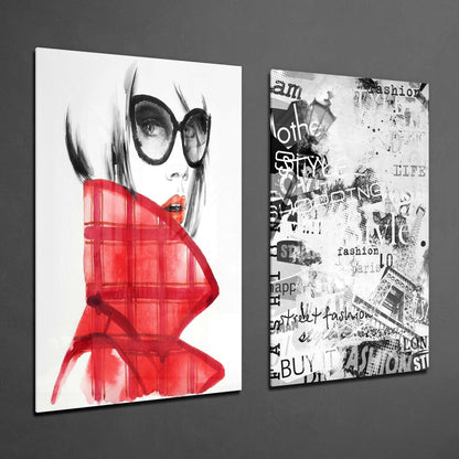 Two glass wall panels displayed on gray wall: left panel shows sketched woman's face with large sunglasses and red watercolor jacket; right panel features black and white fashion-themed collage with text.