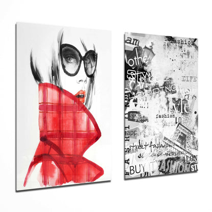 Two glass wall art panels displayed at an angle: left panel shows a sketched woman's face with large sunglasses and a vibrant red scarf; right panel features black and white collage with fashion-related text and imagery.