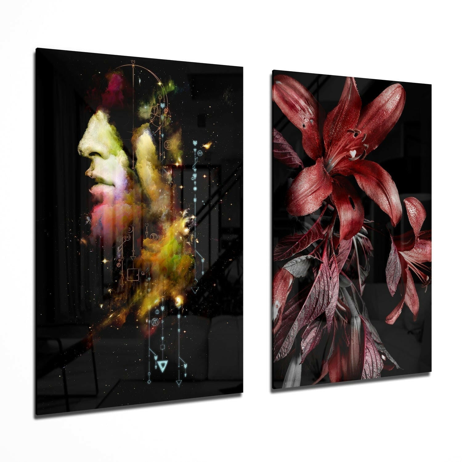 Two angled glass panels displaying a mystical male profile with cosmic yellow and pink effects on the left, and deep red flowers with gray foliage on the right, both against black backgrounds.