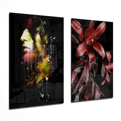 Two angled glass panels displaying a mystical male profile with cosmic yellow and pink effects on the left, and deep red flowers with gray foliage on the right, both against black backgrounds.