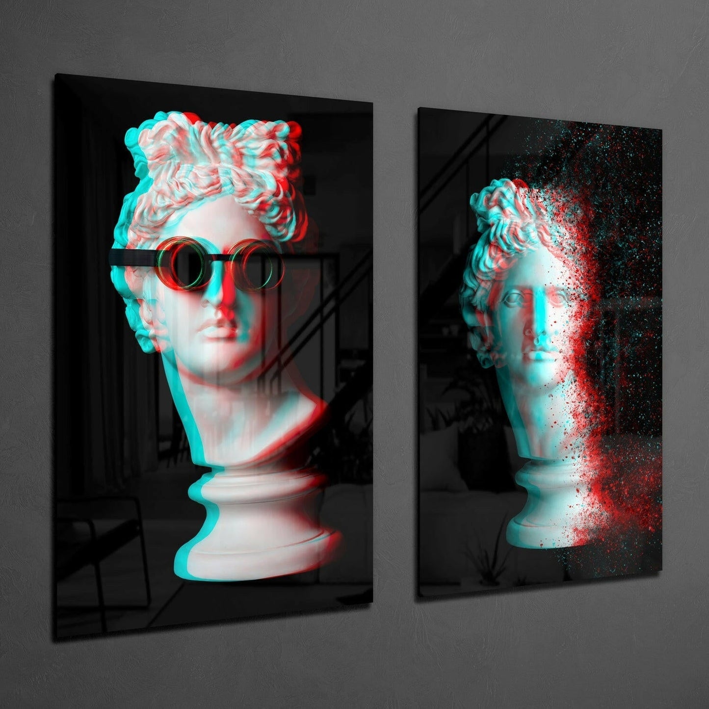 Two glass wall panels displaying classical busts with cyan and red chromatic aberration effects and pixelated dissolution on black backgrounds.