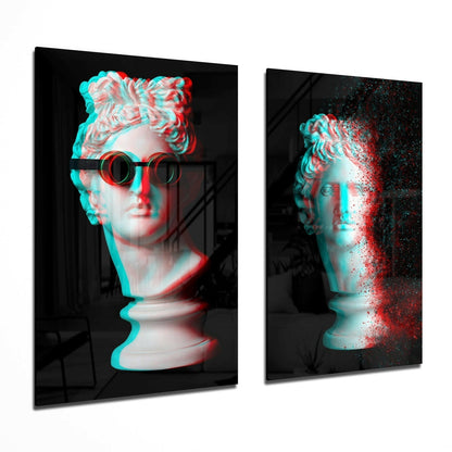 Two glass wall panels displaying classical busts with cyan and red chromatic aberration effect against black backgrounds, one wearing sunglasses.