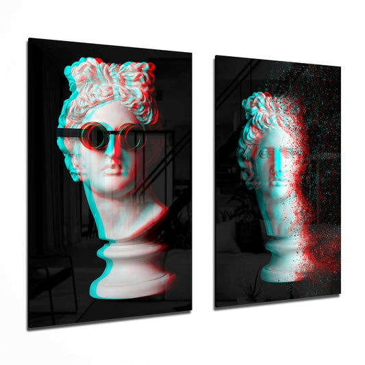 Two glass wall panels displaying classical busts with cyan and red chromatic aberration effect against black backgrounds, one wearing sunglasses.
