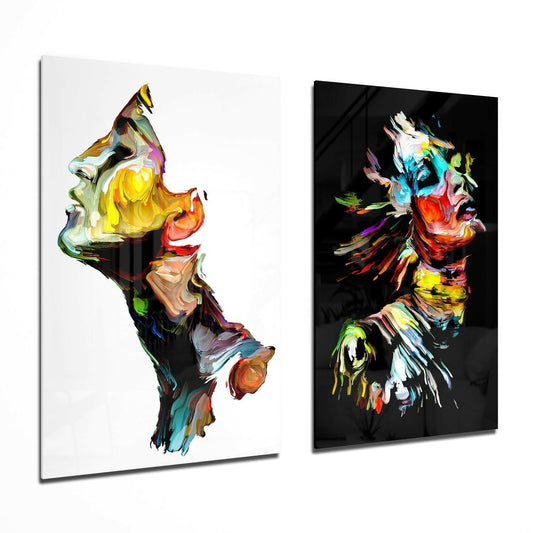 Two colorful glass wall art panels displaying abstract musical figures with vibrant brushstroke effects on white and black backgrounds.