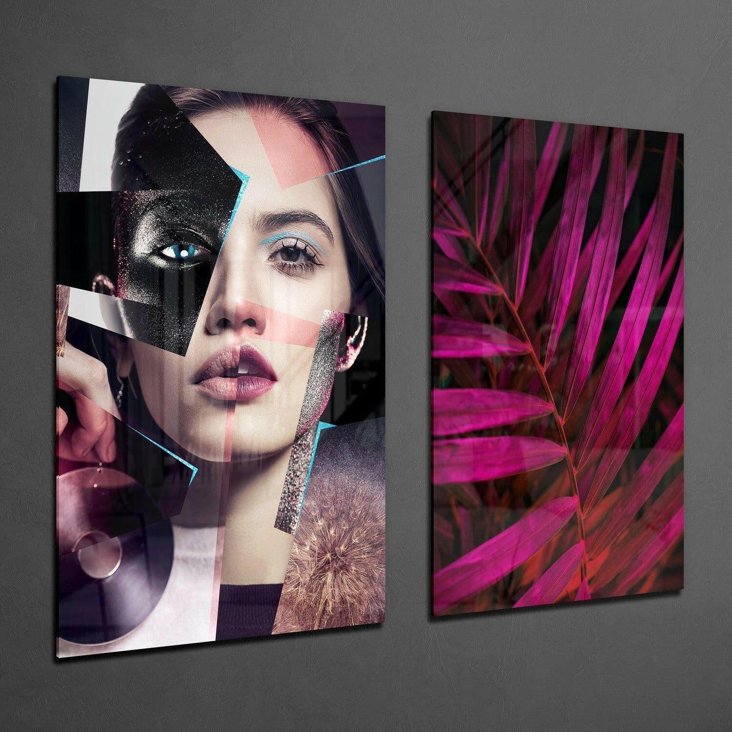Two glass wall panels displaying abstract portrait collage with cyan accents and vibrant magenta botanical imagery against gray wall.