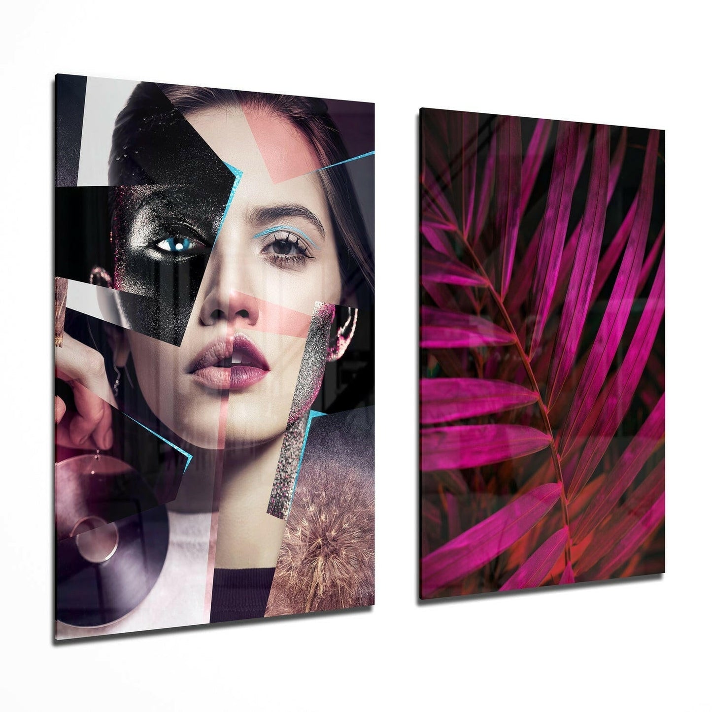 Two glass wall panels displayed at an angle: left panel features an abstract portrait with geometric overlays in pink, black, and cyan; right panel shows vibrant magenta plant leaves against dark background.