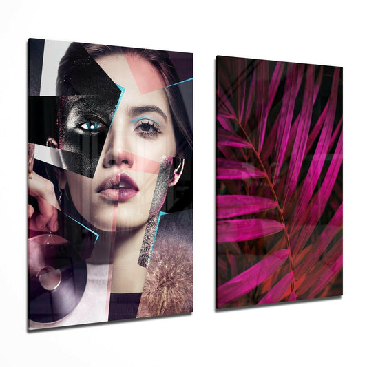 Two glass wall panels displayed at an angle: left panel features an abstract portrait with geometric overlays in pink, black, and cyan; right panel shows vibrant magenta plant leaves against dark background.