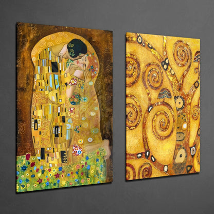Two framed glass wall art panels displaying Klimt-inspired golden designs with swirling patterns and figures against gray wall.