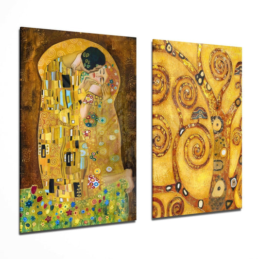 Two glass wall art panels displayed at an angle showing Klimt's golden figures and spiral patterns on yellow background.