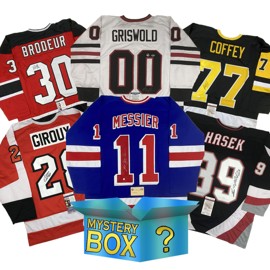 Six autographed hockey jerseys in red, white, blue, and black arranged around a turquoise mystery box, featuring names Brodeur, Griswold, Coffey, Messier, Hasek, and Giroux.