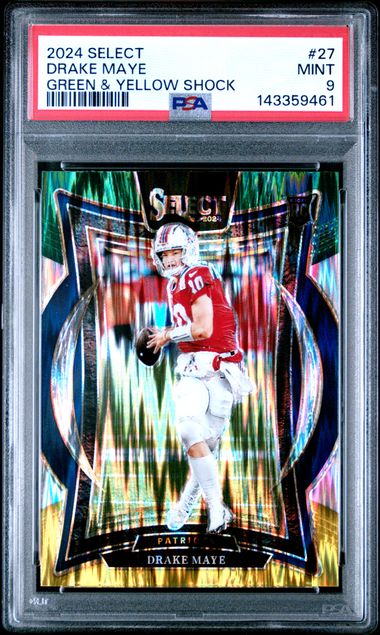 PSA-graded Drake Maye rookie card in clear case showing quarterback in red jersey with green and yellow shock design border.