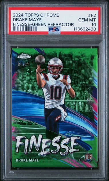 PSA-graded sports card in protective holder displaying Drake Maye football card with green refractor finish and "Finesse" text visible.