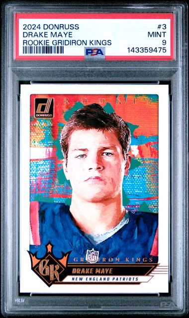 PSA-graded football card in clear case displaying Drake Maye rookie card with colorful background and Gridiron Kings logo.