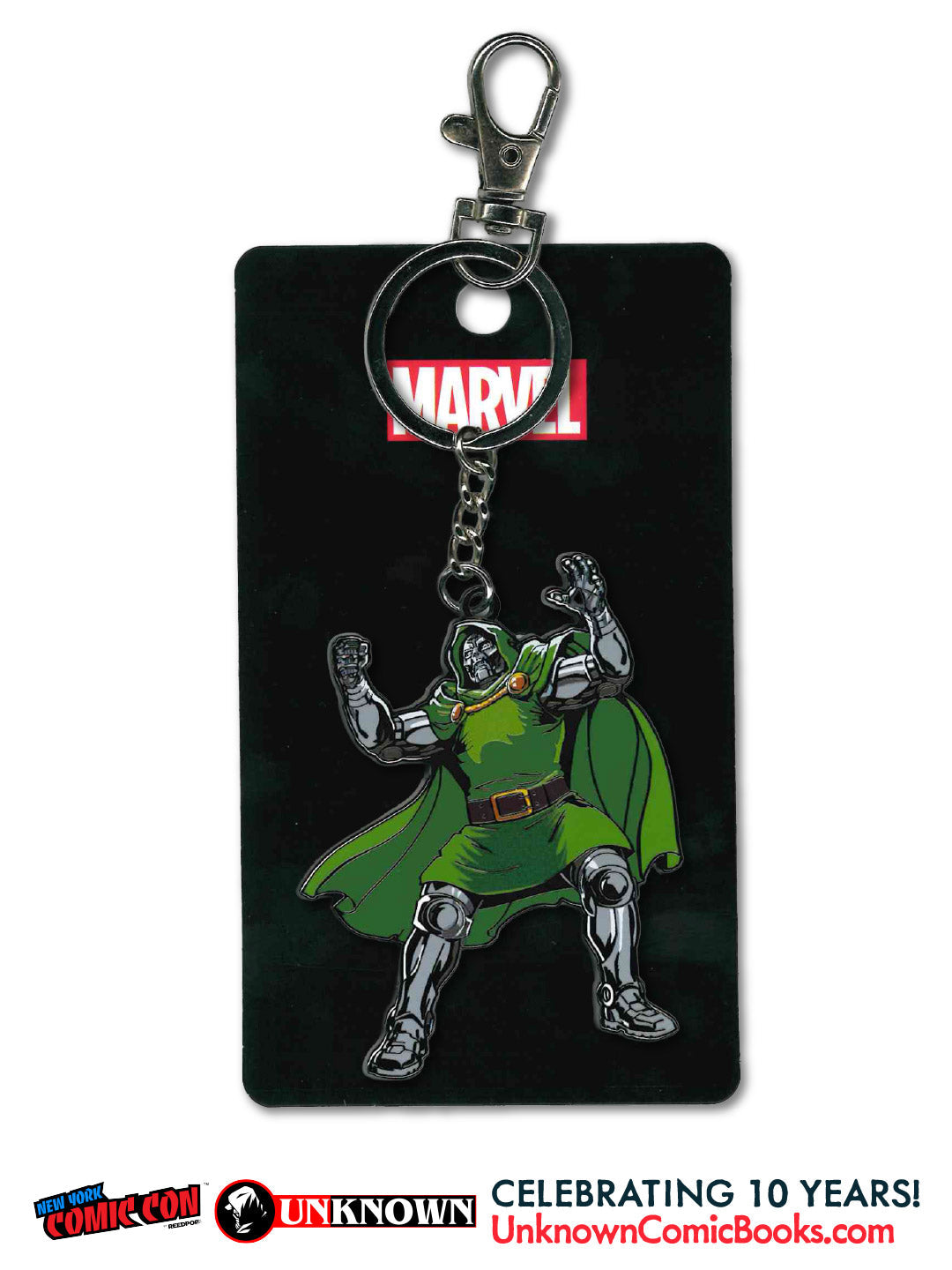 Front view of a metal keychain showing a green-caped, silver-armoured Doctor Doom on a black card with a red Marvel logo and a silver clasp.