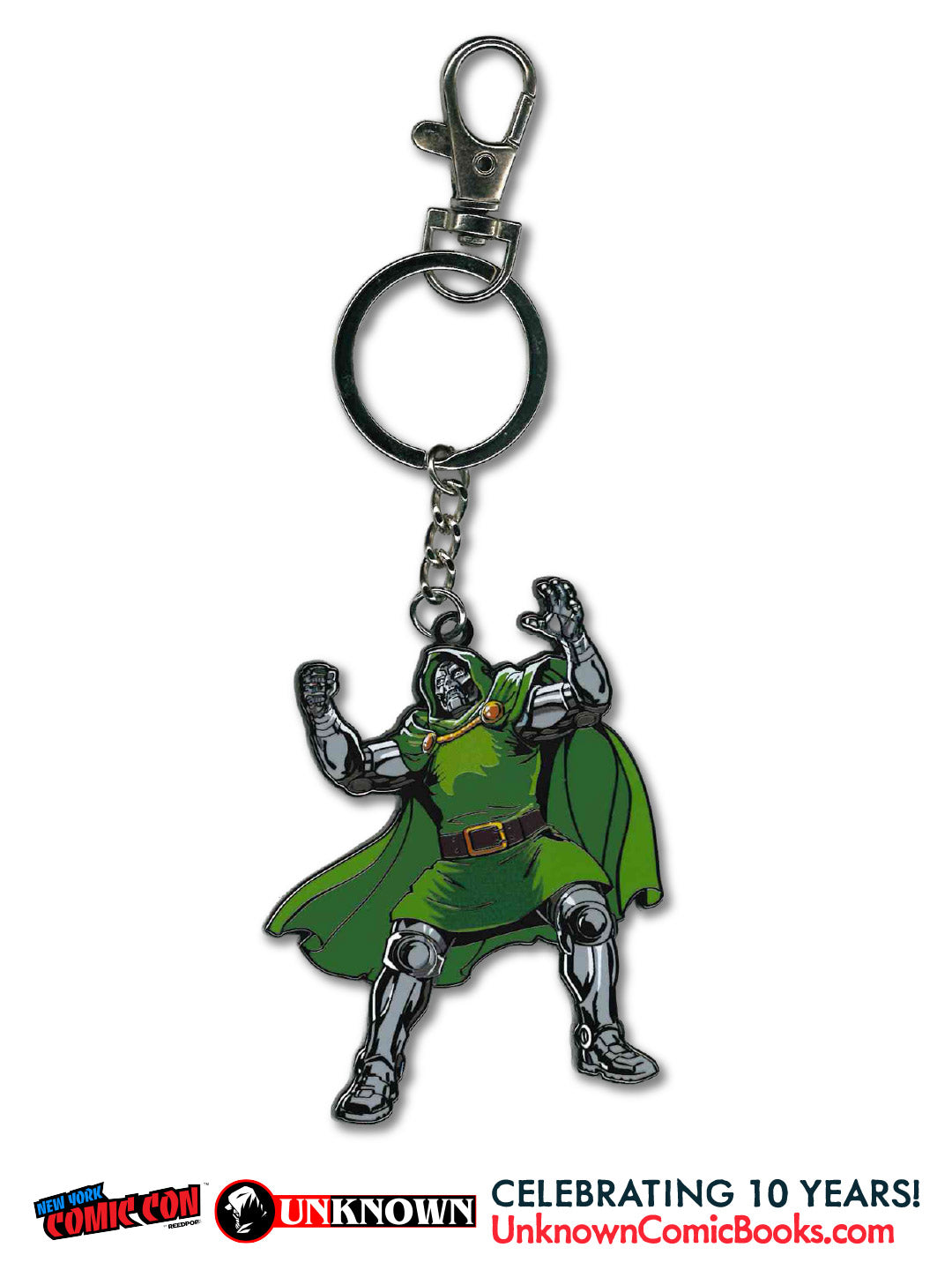 Front view of a metal Doctor Doom keychain with green cape and silver armor, arms raised, and promotional text below.