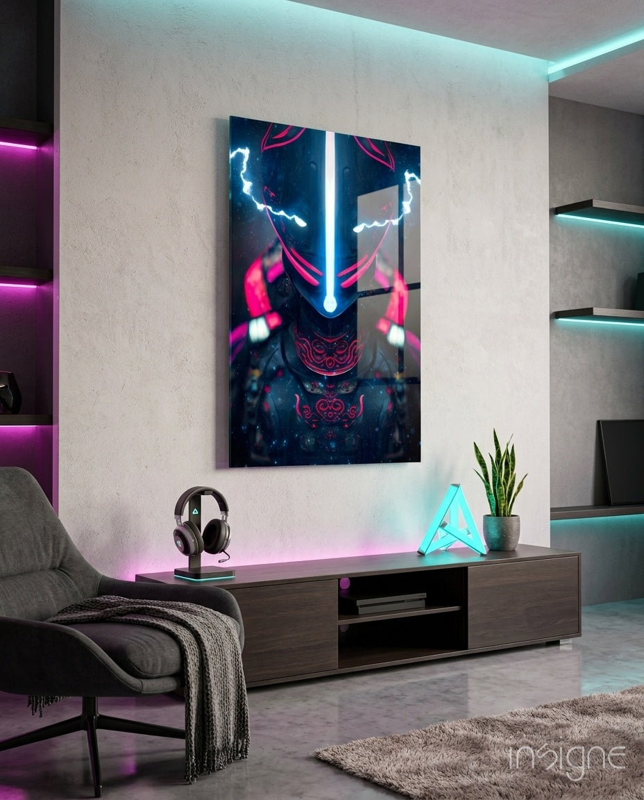 Thunder Fighter Glass Wall Art displayed on white wall above desk, featuring neon blue and pink lightning bolt design against dark background.