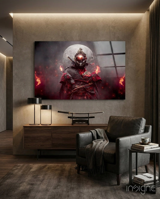 Modern living room interior featuring Fire Fighter Glass Art displayed on textured wall above wooden credenza with leather chair.