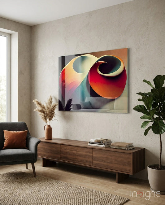 Shell Glass Art mounted on a textured beige wall above a wood console table in a modern living room setting with chair and plants.