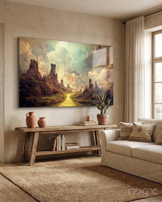 Glass art depicting a fantasy landscape with golden road, towering rock formations, and luminous cloudy sky displayed above wooden console table in warm-toned living room.