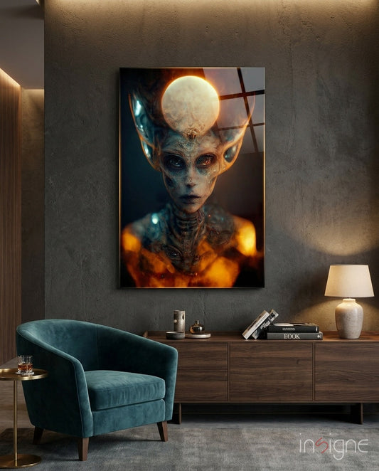 Glass art panel featuring mystical alien figure with glowing moon head and fiery orange aura, displayed above wooden dresser in modern interior.