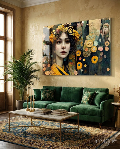 Large glass wall art featuring a portrait of a woman with yellow flowers in dark hair, displayed above a green velvet sofa in a styled living room interior.
