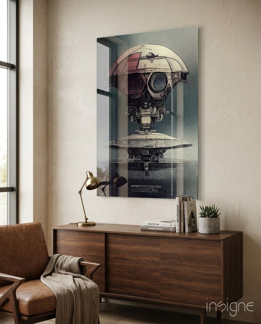 Steampunk sci-fi glass wall art depicting mechanical head with goggles and disc-shaped body, displayed above wooden dresser in modern interior.
