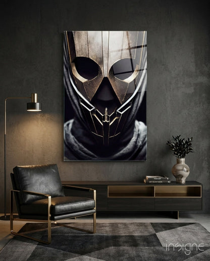 Peace Fighter Glass Art displayed on a dark wall above a black leather chair and wooden console table in a modern interior setting.