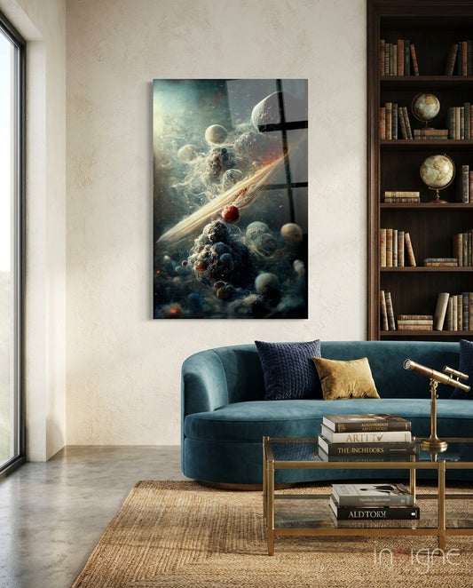 Small Bang Glass Art mounted on cream wall above teal sofa in modern living room with globe and bookshelf visible.