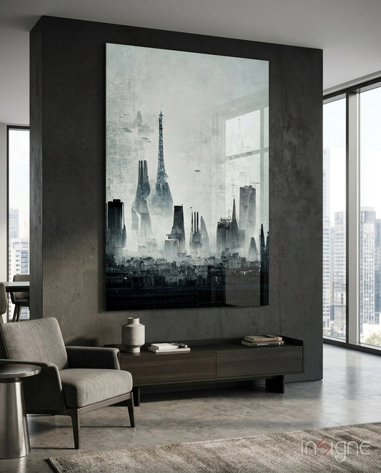 Monochromatic cityscape glass art mounted on dark concrete wall above wooden console in modern high-rise interior.