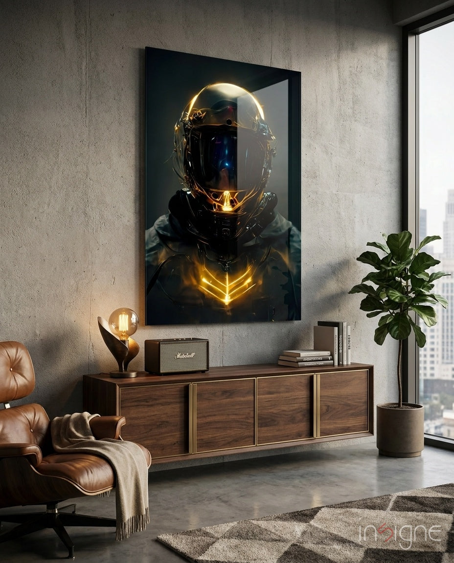 Golden Neon Astronaut Helmet Glass Wall Art
